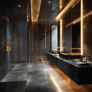 Create a highly luxurious black marble bathroom featuring gold f...