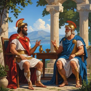 Dos nobles de la antigua Grecia se encuentran hablando tranquila...
