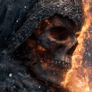 Dark art firey masked skeleton warrior, ultra-detailed, ultra-re...