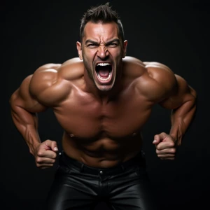 The image depicts a close-up portrait of a shirtless male figure...