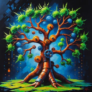 A whimsically surreal binary tree entity, with branches made of...