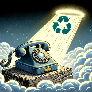 An old phone needs help to be recycled. In recicle heaven.
