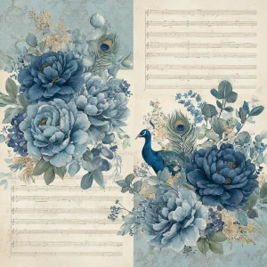 Edge-hugging bouquets of dark blue flowers with peacock feathers...