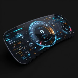 Design a modern, fully digital car cockpit dashboard with a prim...