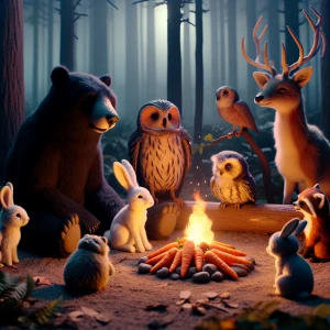 make me a story about some animals in the forrest next to a camp...