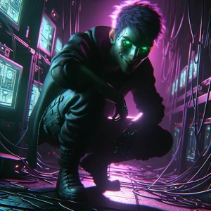 A sleek hunched figure in futuristic attire, with neon green cyb...