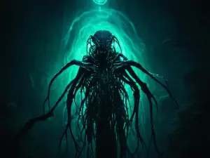 A sinister, otherworldly creature shrouded in eerie bioluminesce...