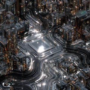 In the heart of a dense, metropolitan cityscape sits a stygian a...