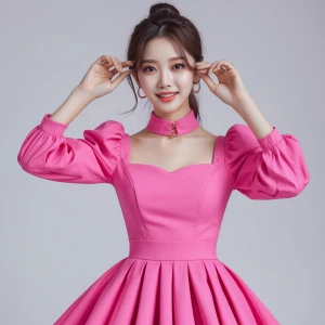 A beautiful Korean of 17 years girl in a stylish pink fashion dr...