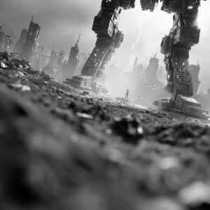 Dust-choked remains of a futuristic metropolis. Ground-level per...