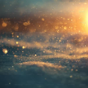 “Cinematic close-up of soft drifting snowflakes glowing in warm...