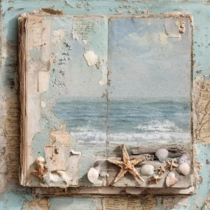 Ocean junk journal page, shabby coastal collage background, laye...