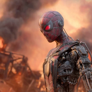 T-800 Spider-Man, apocalyptic futuristic background