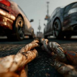 A low angle shot 2 cars tied by a grapple hook
