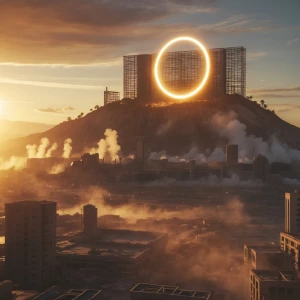 Ultra realistic cinematic wide shot at sunrise, post-apocalyptic...