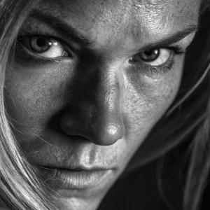Ultra close-up noir portrait of a determined blonde woman. Her e...