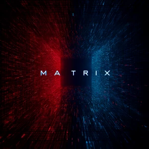 Create an image that says the matrix in blue and red with dimens...