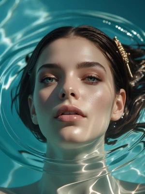 Editorial close-up portrait, top-down view of a model floating o...