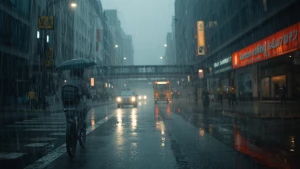 cinematic scene, rain