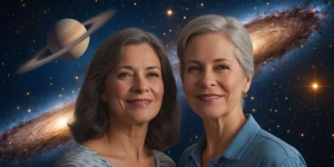 Create a realistic picture of me and my mom in space with Galaxy...
