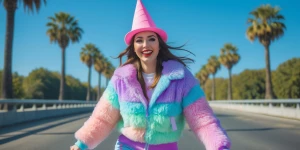 An young  woman roller skating on a sunny day, wearing a colorfu...