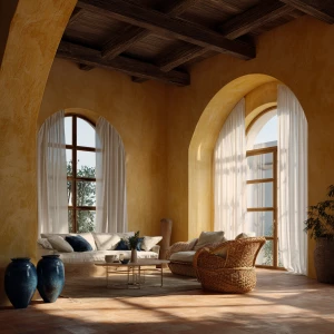 Create a Mediterranean living room interior with ochre yellow wa...