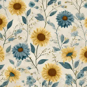 flat 2D surface design, vintage sunflower and blue wildflower pa...