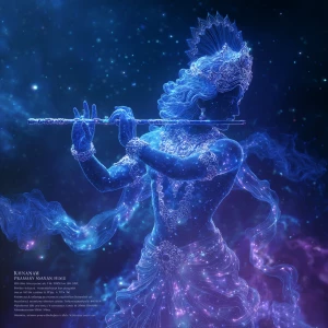 "Semi-transparent 3D silhouette of Krishna composed of swirling...
