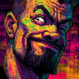 White muscular thin man with beard, big chin, smile and cheekbon...