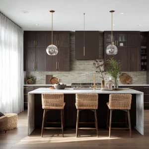 Create a 16:9 aspect ratio image of a modern Scandinavian kitche...