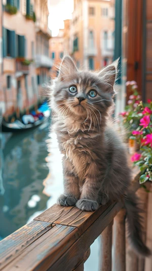 adorable gray kitten with bright blue eyes sitting on a wooden w...