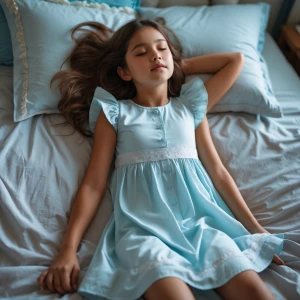 A girl in light night dress lie back on bed in a bedroom