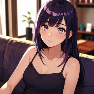 beautiful anime girl, black and purple hair, blush, sleeveless t...