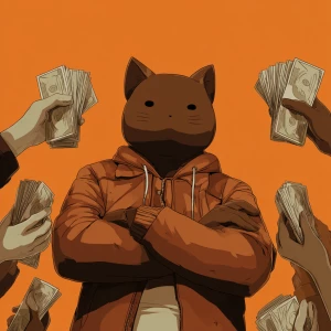 A humanoid cat character with a brown fur body, standing with ar...