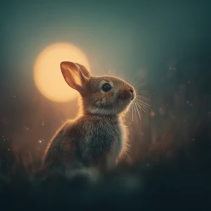 a tiny baby rabbit named Noodle sitting in soft dreamlike grass...