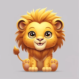 Create a cute cartoon baby lion logo for kids. The lion has big...