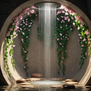 Shower 1 — Rainfall Bloom Alcove
An open-arch stone alcove with...