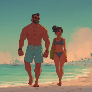 Realism,a muscular sweaty indian  villain man, walking  with his...