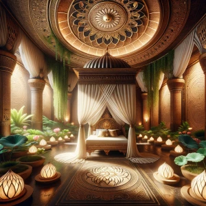 In the Papyrus Dream Chamber, envision a canopy bed of rich, int...