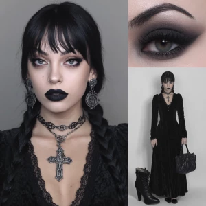 Create an image of a goth girl with dark makeup, a black wardrob...