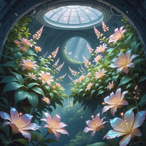 In a picturesque, ethereal space habitat, a lush garden floats i...