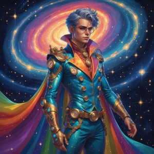 A whimsically eccentric time-traveling explorer stands against a...