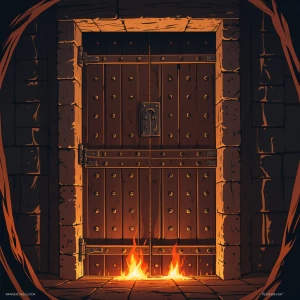 Create a detailed image of a medieval single wooden castle door...