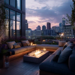 Capture the essence of a modern rooftop terrace featuring sectio...