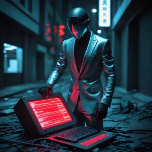 Amid a cityscape illuminated by neon lights and shadows, a cyber...