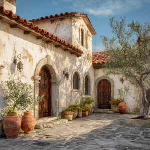 Capture a picturesque Italian villa featuring cream stucco walls...