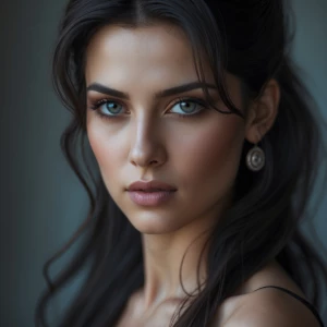Create an image of an enigmatic woman with a captivating gaze, r...
