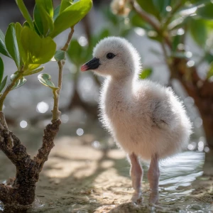 A newborn baby flamingo chick named Flan, soft pale-gray down wi...