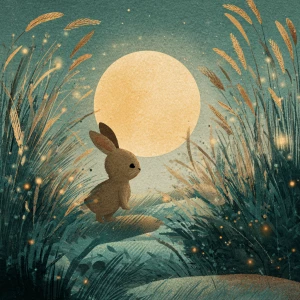 “baby rabbit (Noodle) entering a dreamy moonlit world imagined t...
