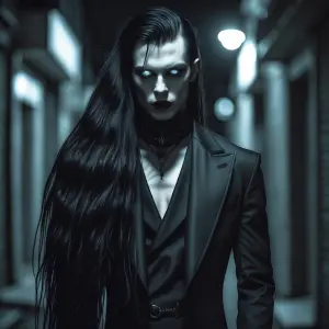 With jet-black hair cascading down his back like a waterfall of...